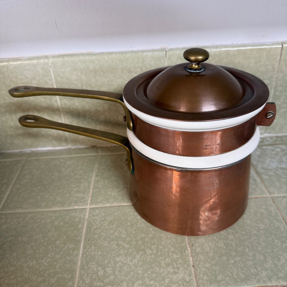 Waldow Brooklyn NY Copper Double Boiler with Ceramic Insert and Brass Handles